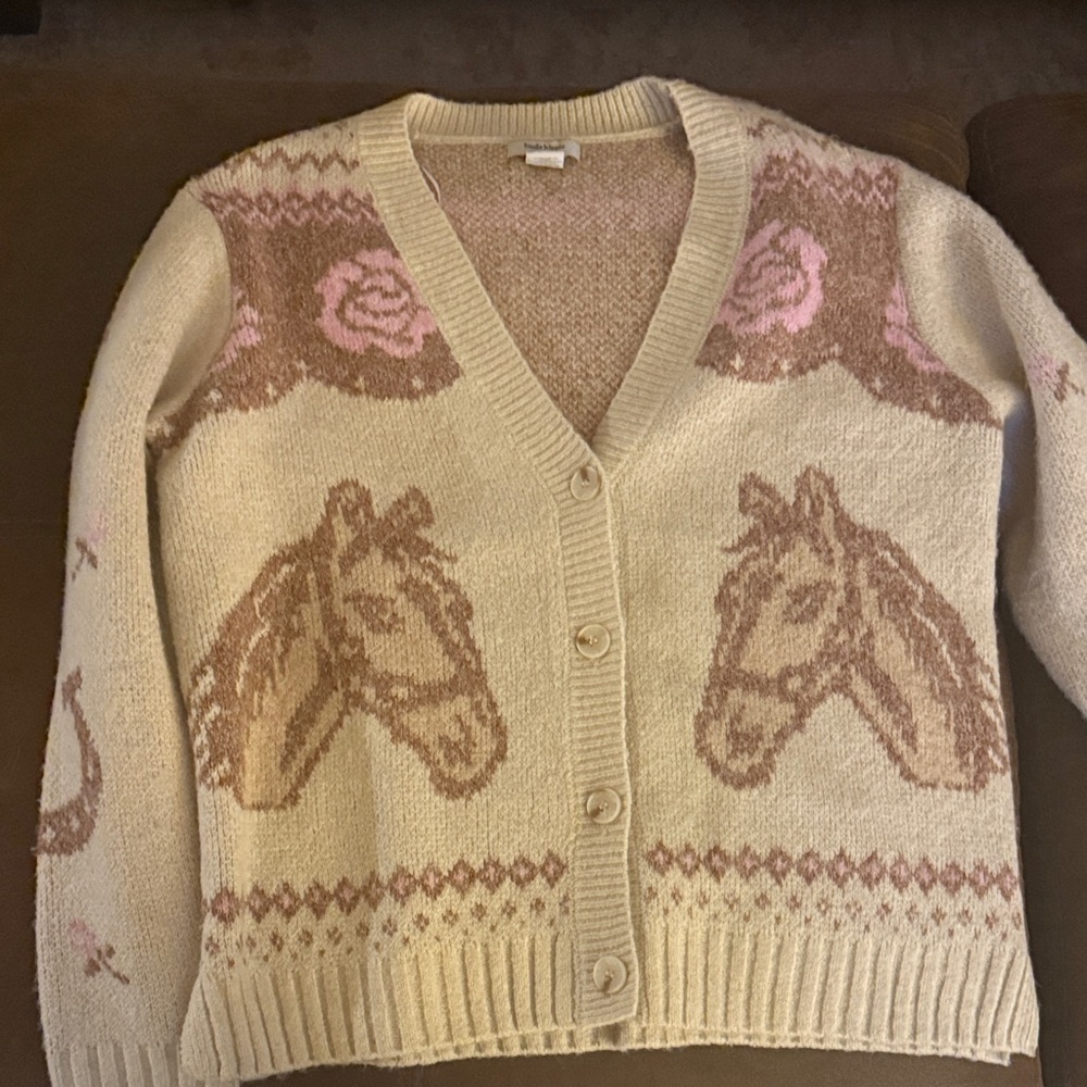 Haute Hippie Cream Cardigan with Pink and Tan Horse Motif